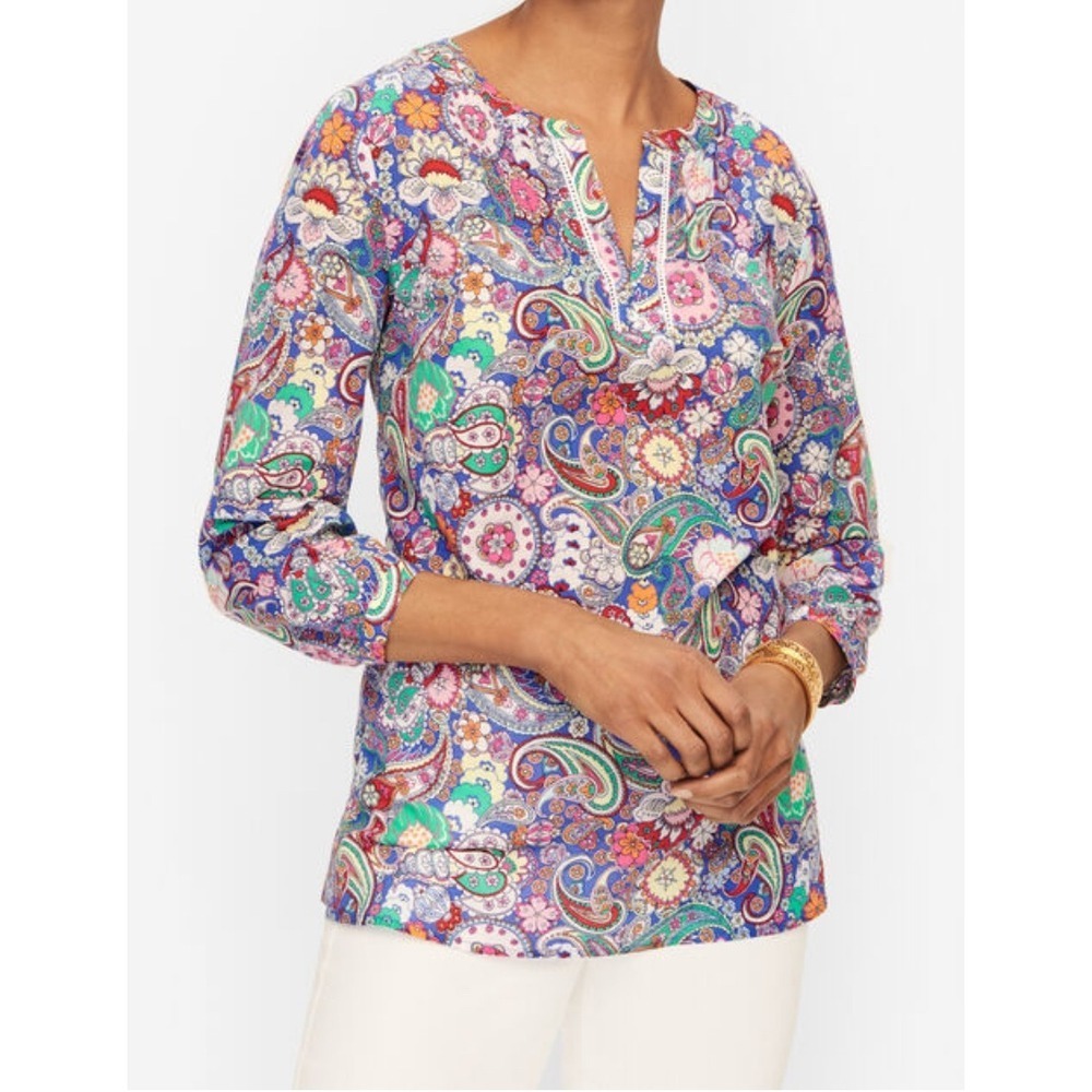 Talbots Multicolor Paisley Blouse w/ Mandarin Collar 100% Cotton Women's XS EUC